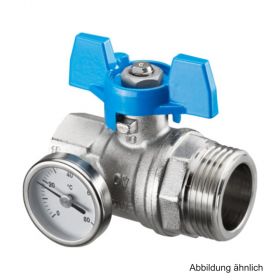 Oventrop-Kugelhahn, blauer Griff m. Thermometer,1"IG x 1"AG, flachd.,1406584