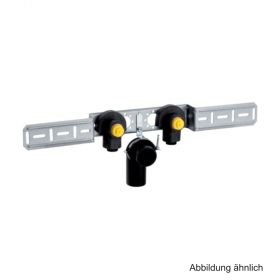 Geberit PushFit Anschlusswinkel 90° vormontiert, zweifach, mit Ablaufrohrschelle und Anschlussbogen 20mm x Rp 1/2", Messing