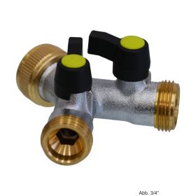 Messing Klick 3-Wege Ventil mit 2 Absperrventilen & Überwurf, IG x AG x AG, 3/4"