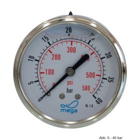 Glyzerinmanometer, AG, Anschl. 1/4", hinten, 0 - 1 bar, Gehäuse 63 mm