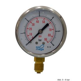 Glyzerinmanometer, AG, Anschl. 1/4", unten, 0 - 6 bar, Gehäuse 63 mm