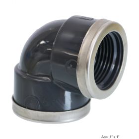 PVC-U Winkel 90° mit Edelstahl Verstärkungsring, Innengewinde, 10 bar, 2"