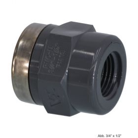 PVC-U Gewindemuffe,reduziert mit Edelstahl Verstärkungsring,IG,10bar,3/4" x 1/2"