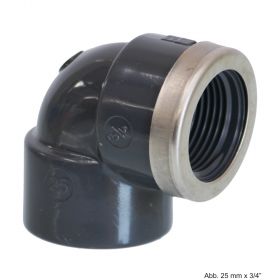 PVC-U Winkel 90° mit Edelstahl Verstärkungsring,Klebemuffe x IG,16bar,63mm x 2"
