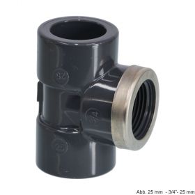 PVC-U T-Stück 90° mit Edelstahl Verstärkungsring, Klebemuffe x IG x Klebemuffe, 16 bar, 20 mm x 1/2" x 20 mm
