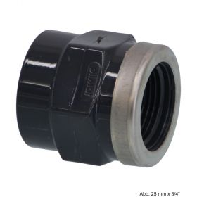 PVC-U Gewindemuffe, Edelstahl Verstärkungsring,Klebemuffe x IG,16bar,20mm x 1/2"