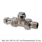 HEIMEIER Verschraubung Regulux, DN 15 (1/2") Durchgang, Viega Pressanschluss 15 mm, Rotguss vernickelt, 034215000